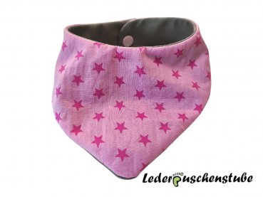 Wende-Halstuch Jersey steingrau, Namen orchidee und Bär mit Tuch orchidee, Baumwolle rosa Sterne pink , Druckknopf rosa-Lederpuschenstube